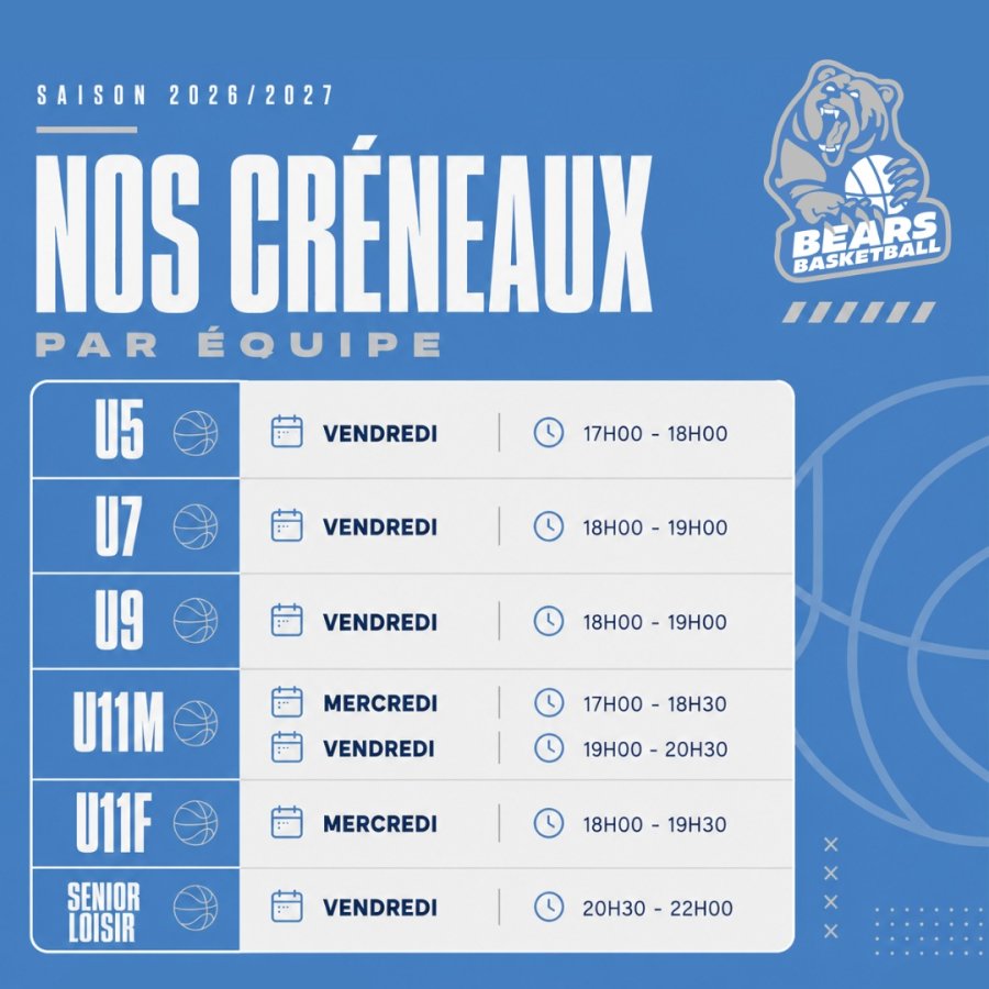 découvrez les créneaux d'entrainement de la saison 2026/2027.